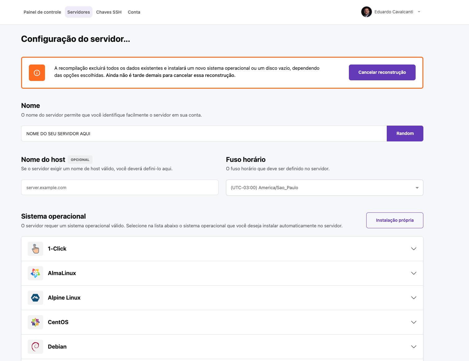 Tela de configuração do servidor na Lura — nome e sistema operacional