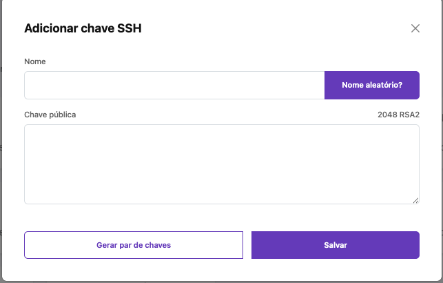 Modal Adicionar chave SSH preenchido