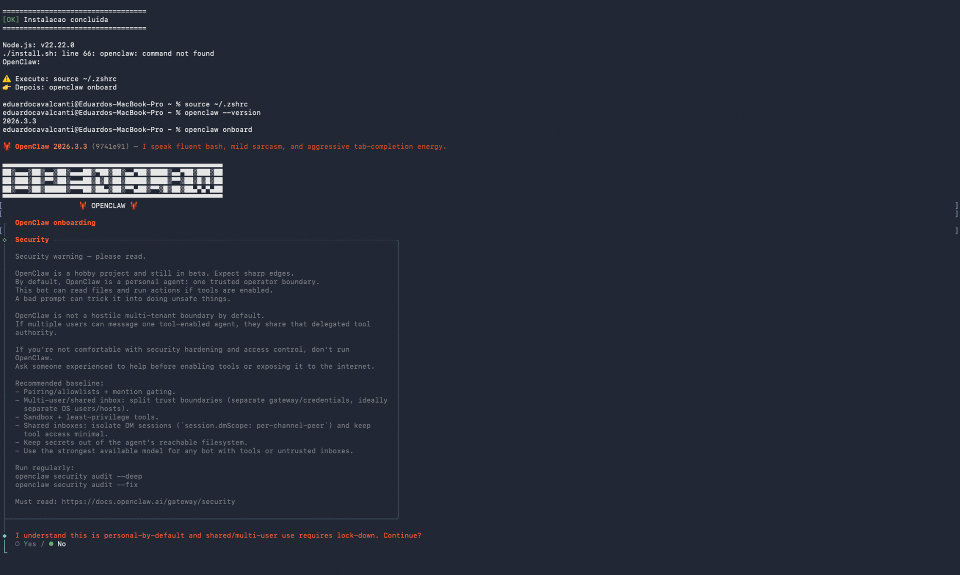 Tela de onboarding do OpenClaw mostrando aviso de segurança