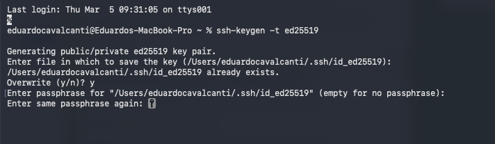Terminal pedindo confirmação da passphrase